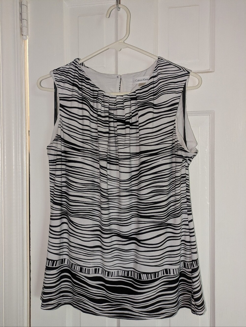 Calvin Klein Black & White Striped Sleeveless Blouse
